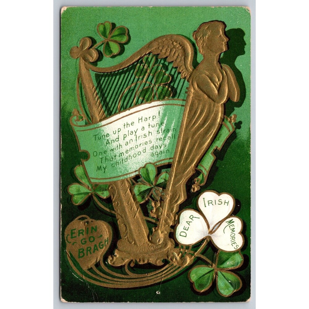 Postcard St. Patrick's Day Golden Harp Embossed Shamrocks Unposted c1910s Irish